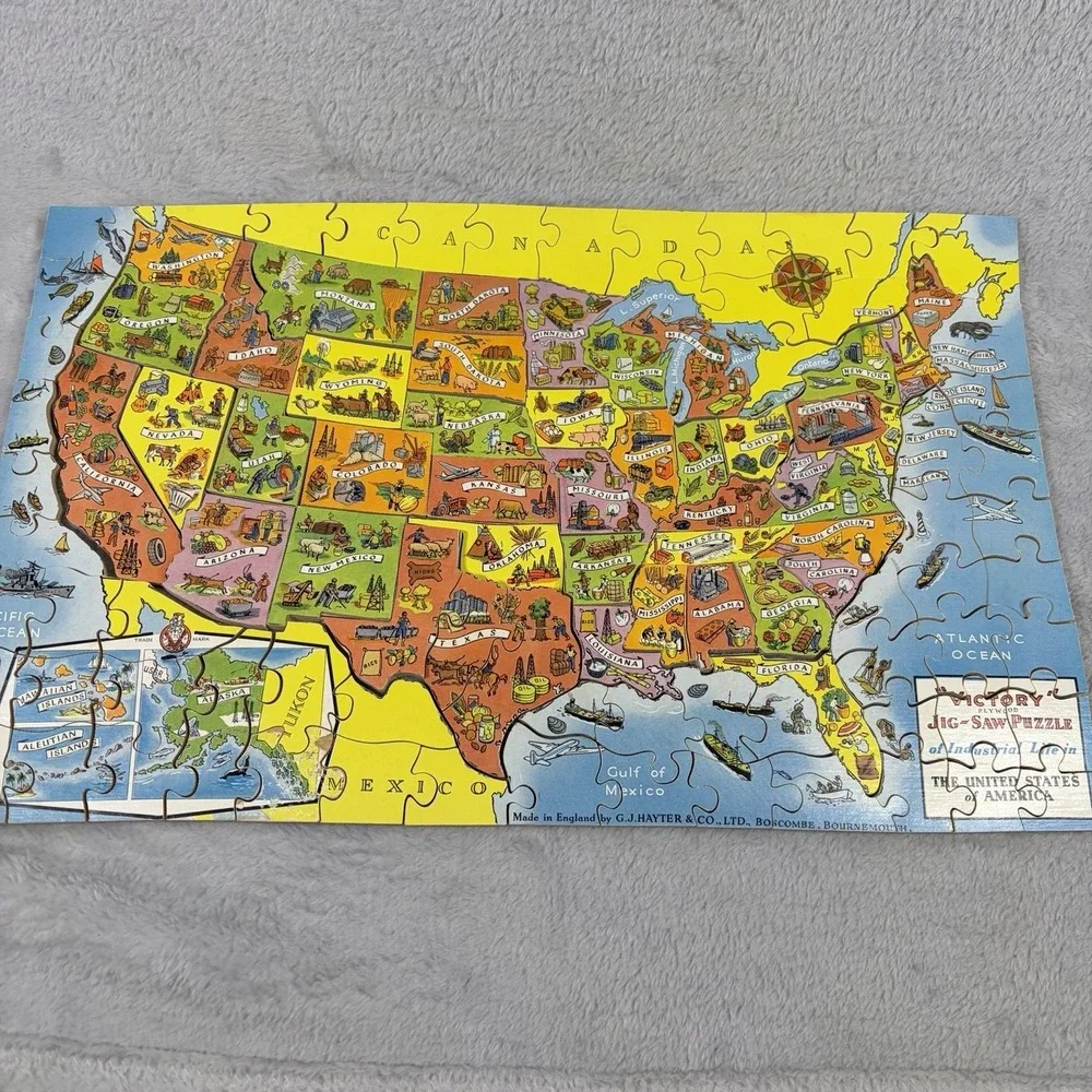 VINTAGE Victory Plywood Jig Saw Puzzle Industrial Life in United States Map